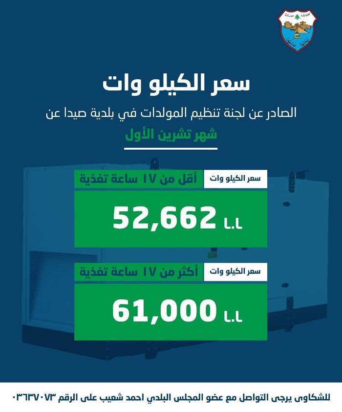 بلدية صيدا تصدر بيان بتكلفة الاشتراكات الكهربائية لشهر تشرين الاول 2026