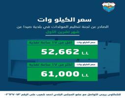 بلدية صيدا تصدر بيان بتكلفة الاشتراكات الكهربائية لشهر تشرين الاول 2026